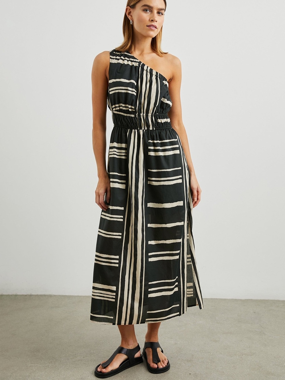 Rails One-Shoulder Black and Cream Striped Maxi Dress